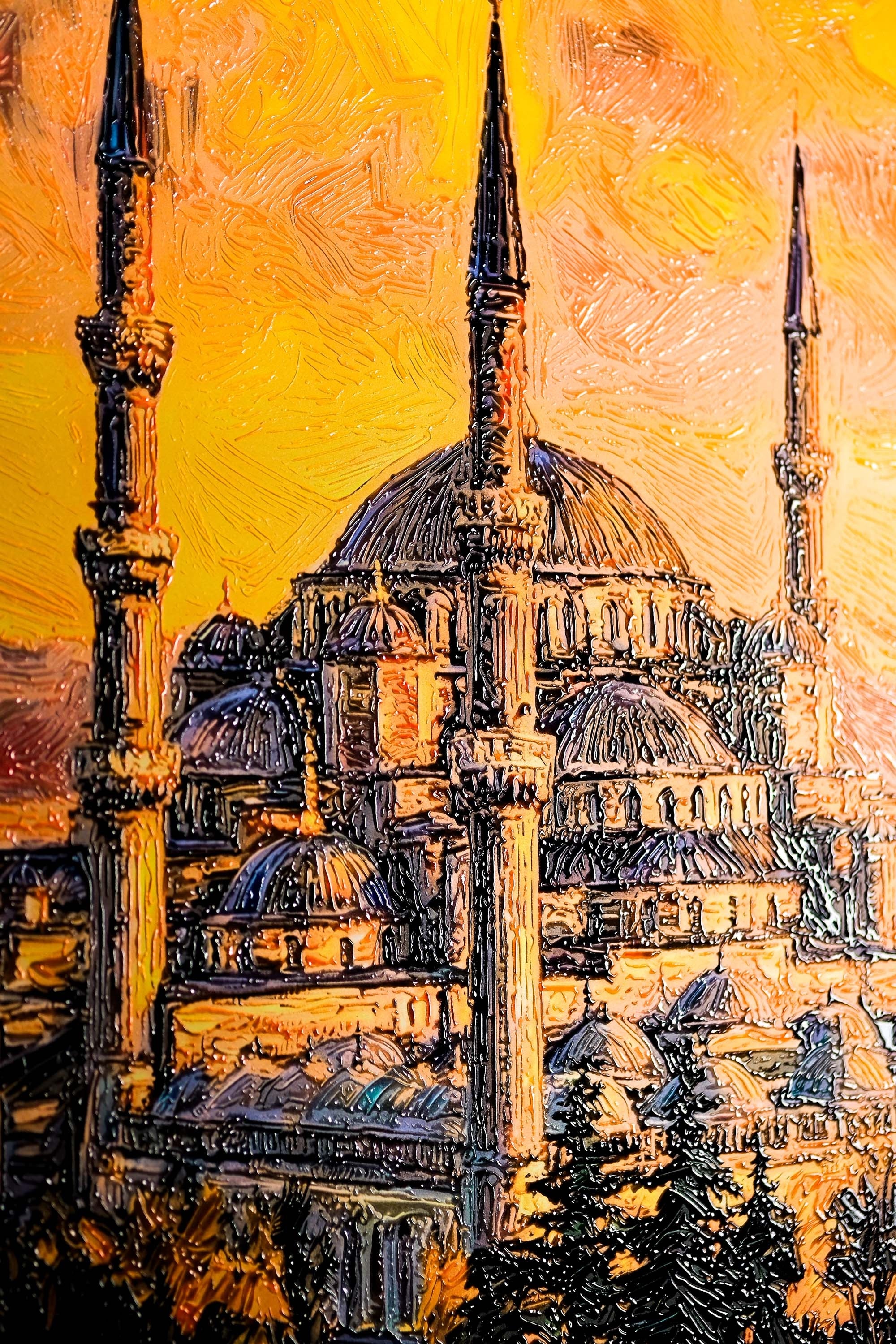 Golden Sunset Serenade: Blue Mosque — 3D Haptic Embossed High-Gloss Luxury Wall Art - Image 4