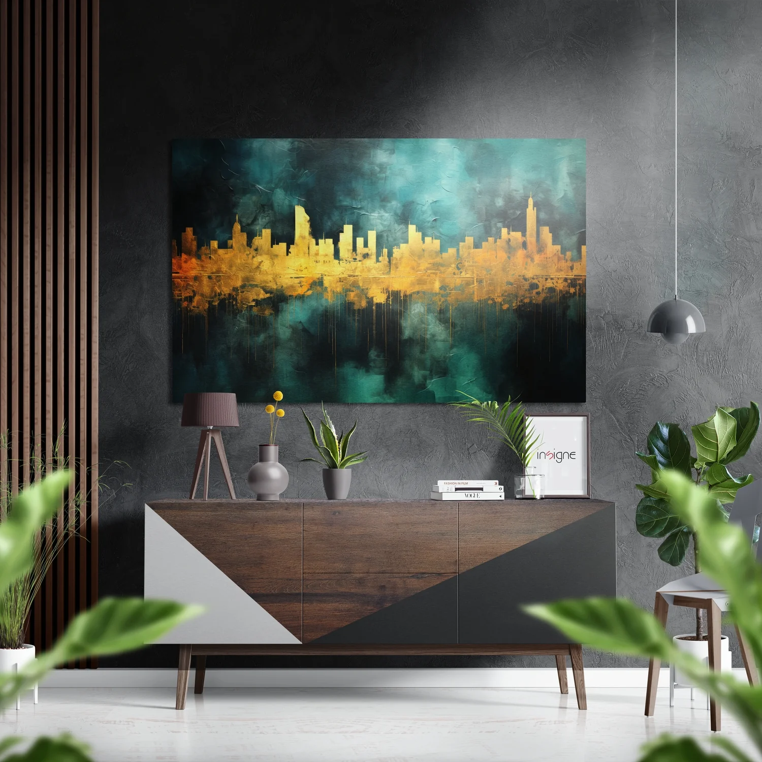 Golden Teal City Skyline Brushed Aluminum Dibond Wall Art