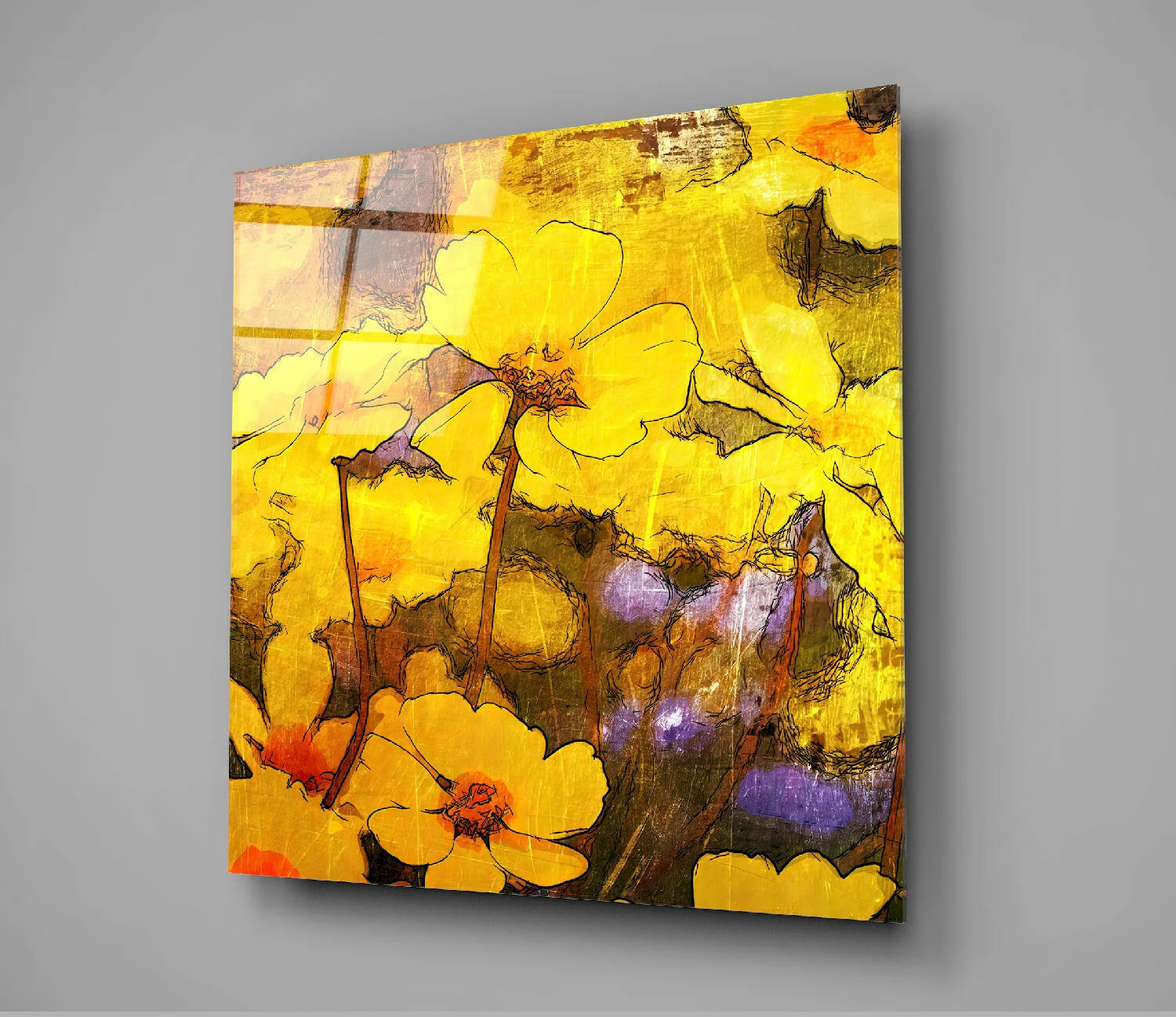 Golden Yellow Poppy Sketch Glass Wall Art - Image 3