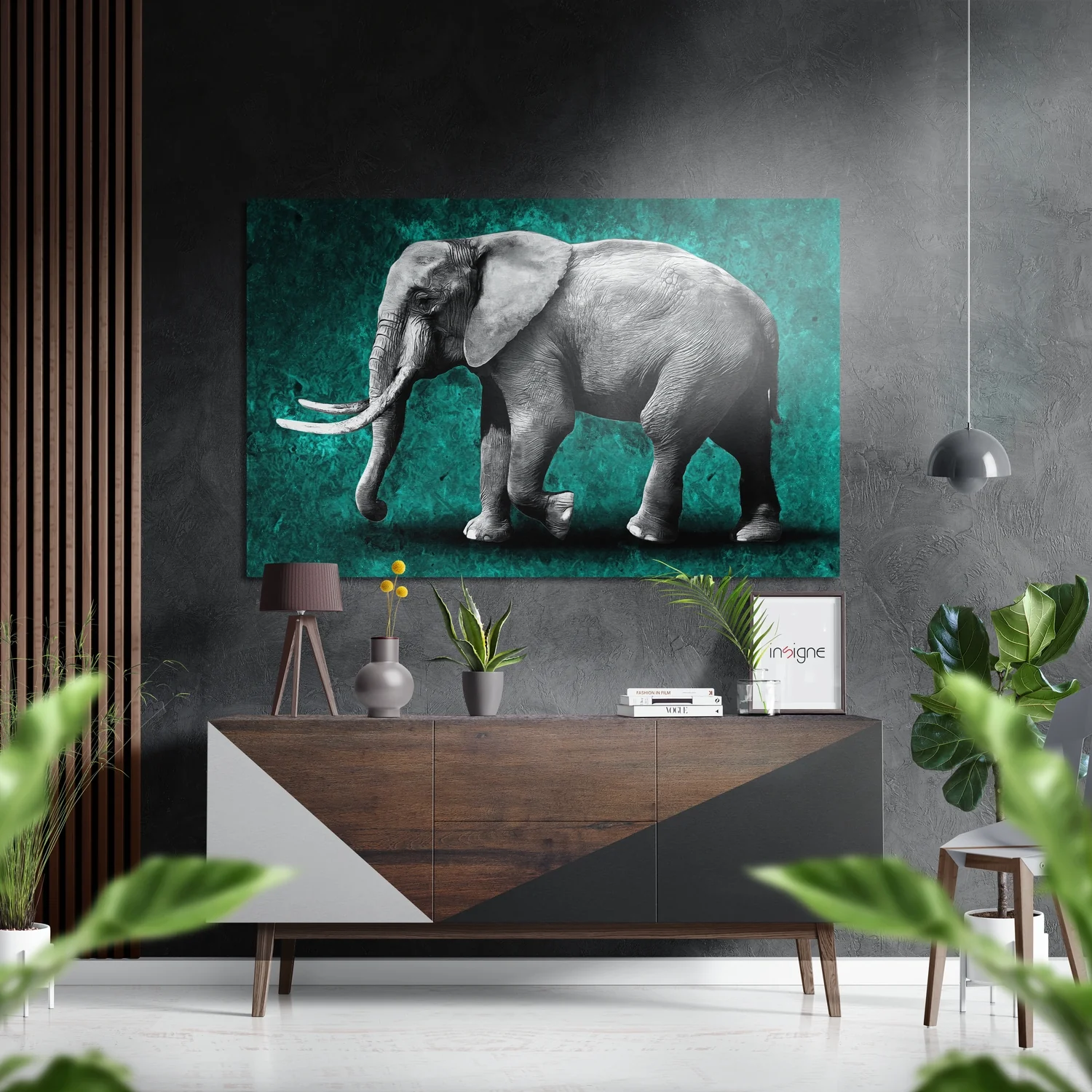 Gray Elephant Teal Backdrop Brushed Aluminium Dibond Wall Art
