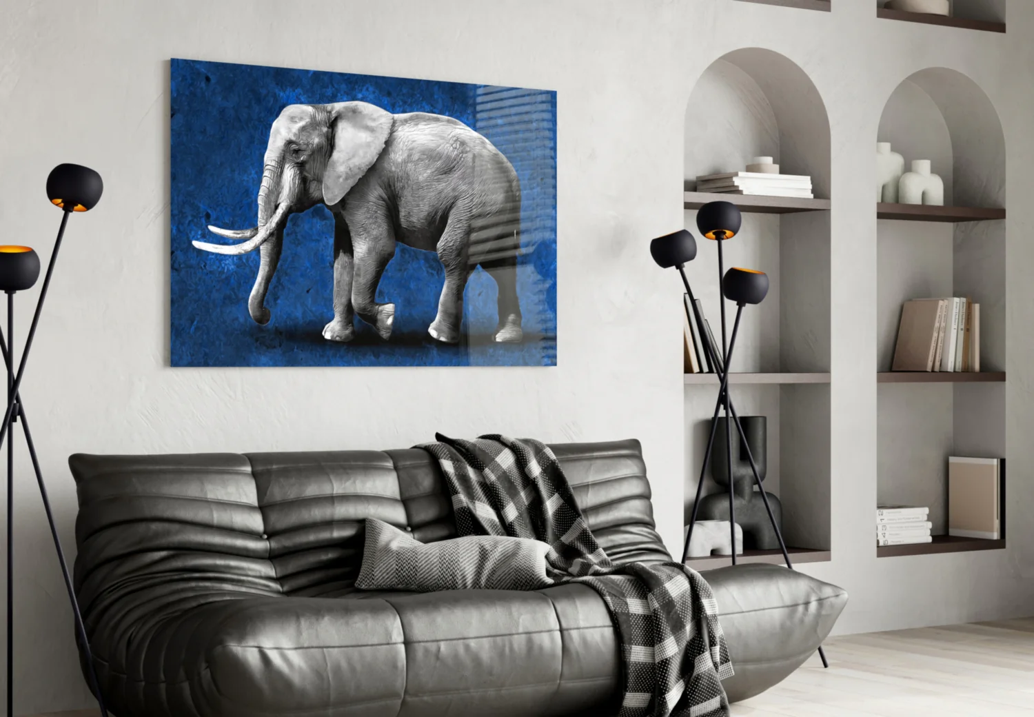 Grayscale Elephant Blue Backdrop Glass Wall Art - Image 4