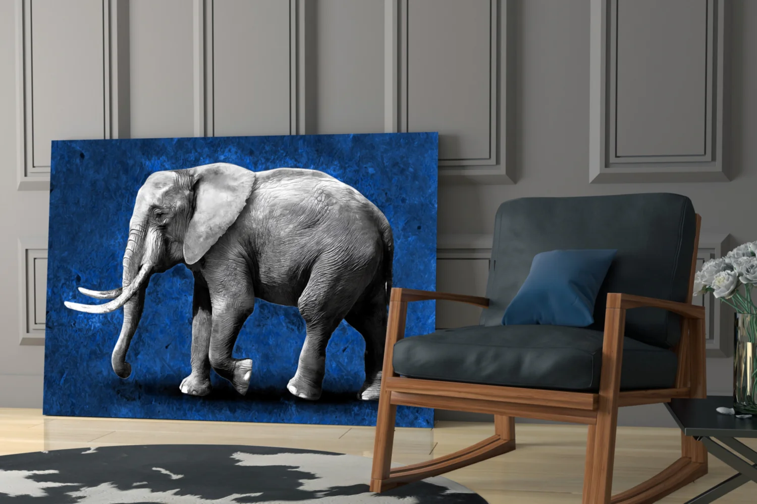 Grayscale Elephant Blue Backdrop Glass Wall Art - Image 6