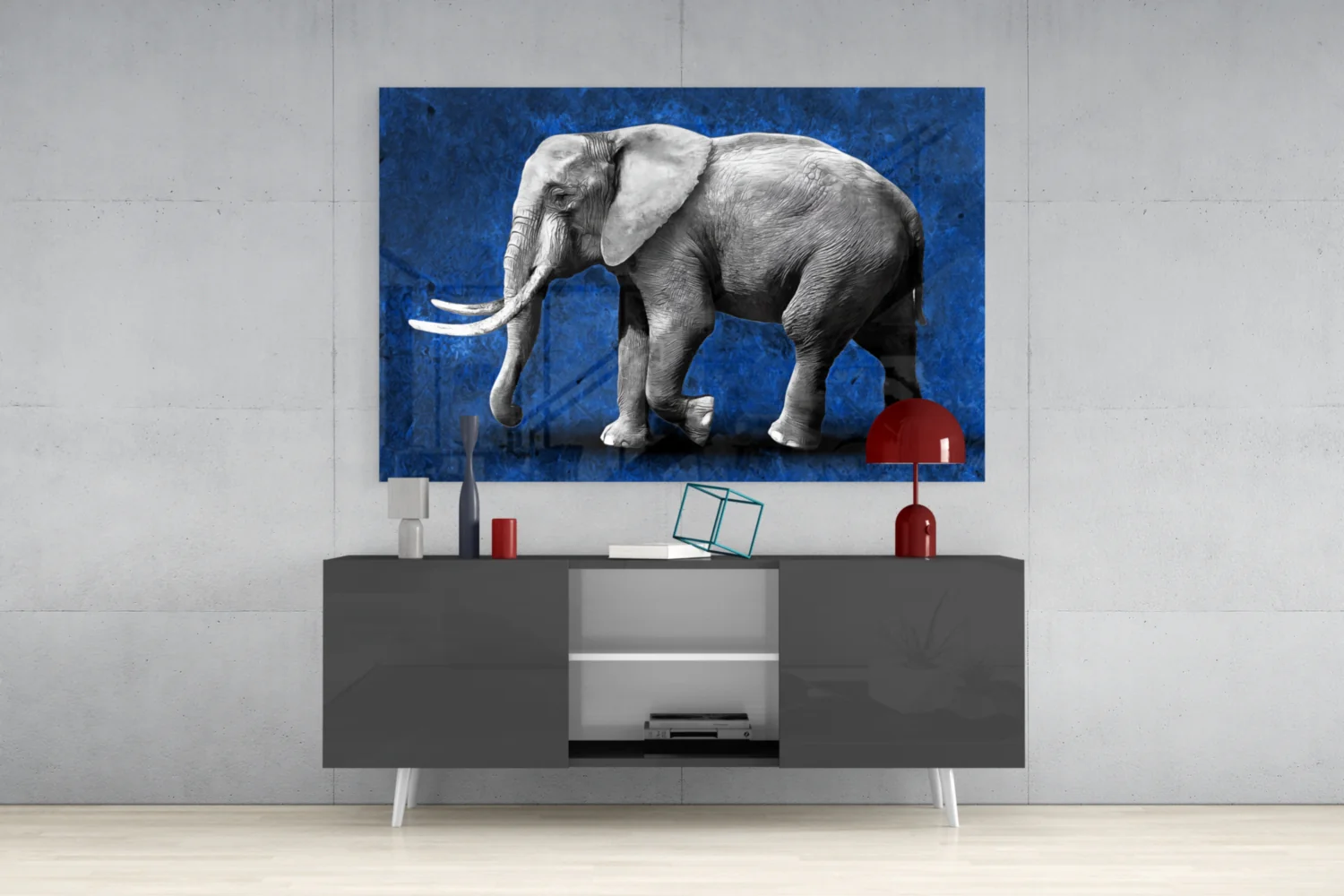 Grayscale Elephant Blue Backdrop Glass Wall Art - Image 8