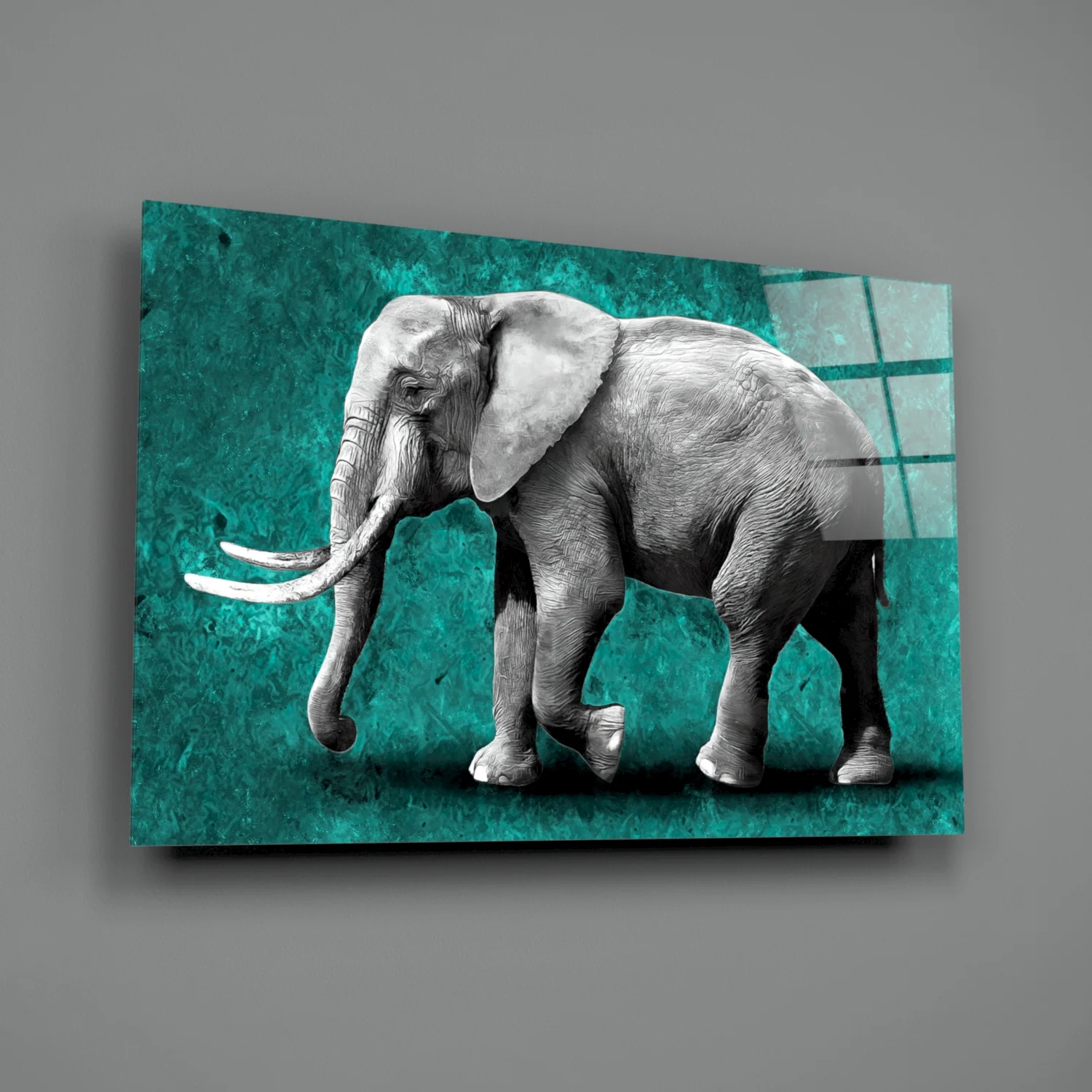 Grayscale Elephant Teal Backdrop Glass Wall Art - Image 2