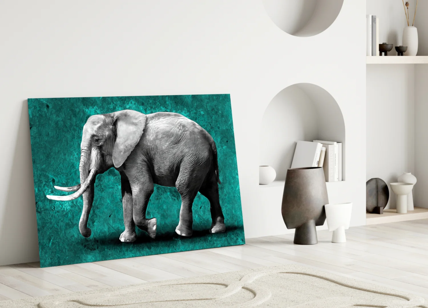 Grayscale Elephant Teal Backdrop Glass Wall Art - Image 3