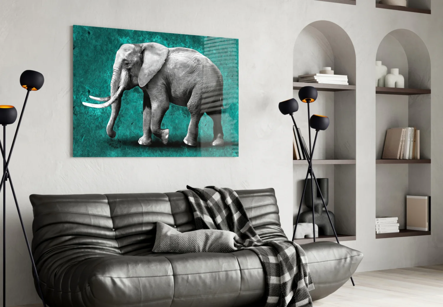 Grayscale Elephant Teal Backdrop Glass Wall Art - Image 4
