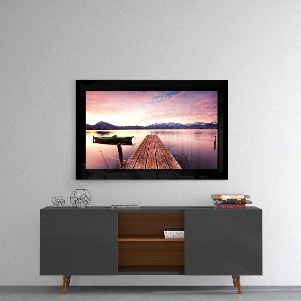 Green Boat Mountain Lake Glass Wall Art - Image 4