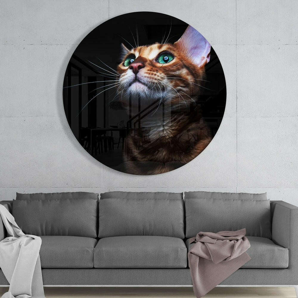 Green Eyed Bengal Cat Round Glass Wall Art - Image 2