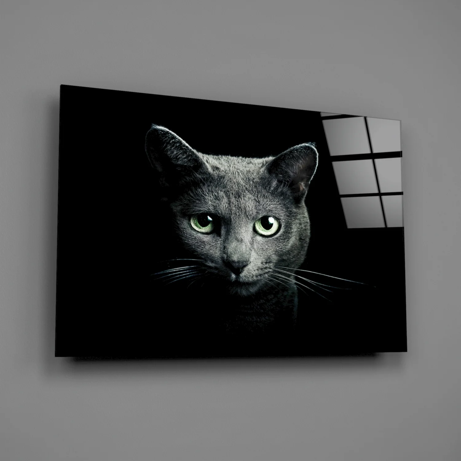 Green Eyed Blue Cat Dark Glass Wall Art - Image 2