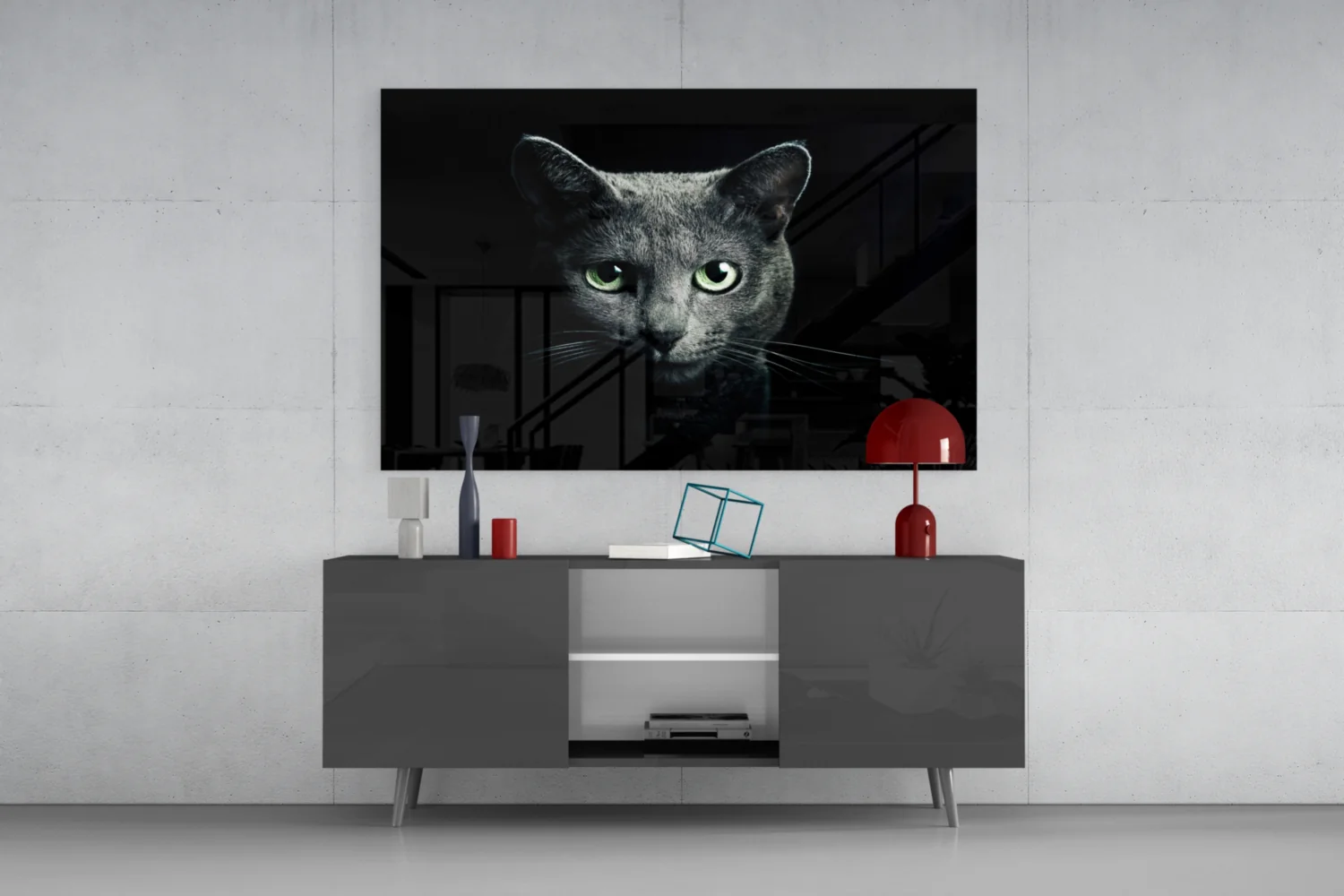 Green Eyed Blue Cat Dark Glass Wall Art - Image 8
