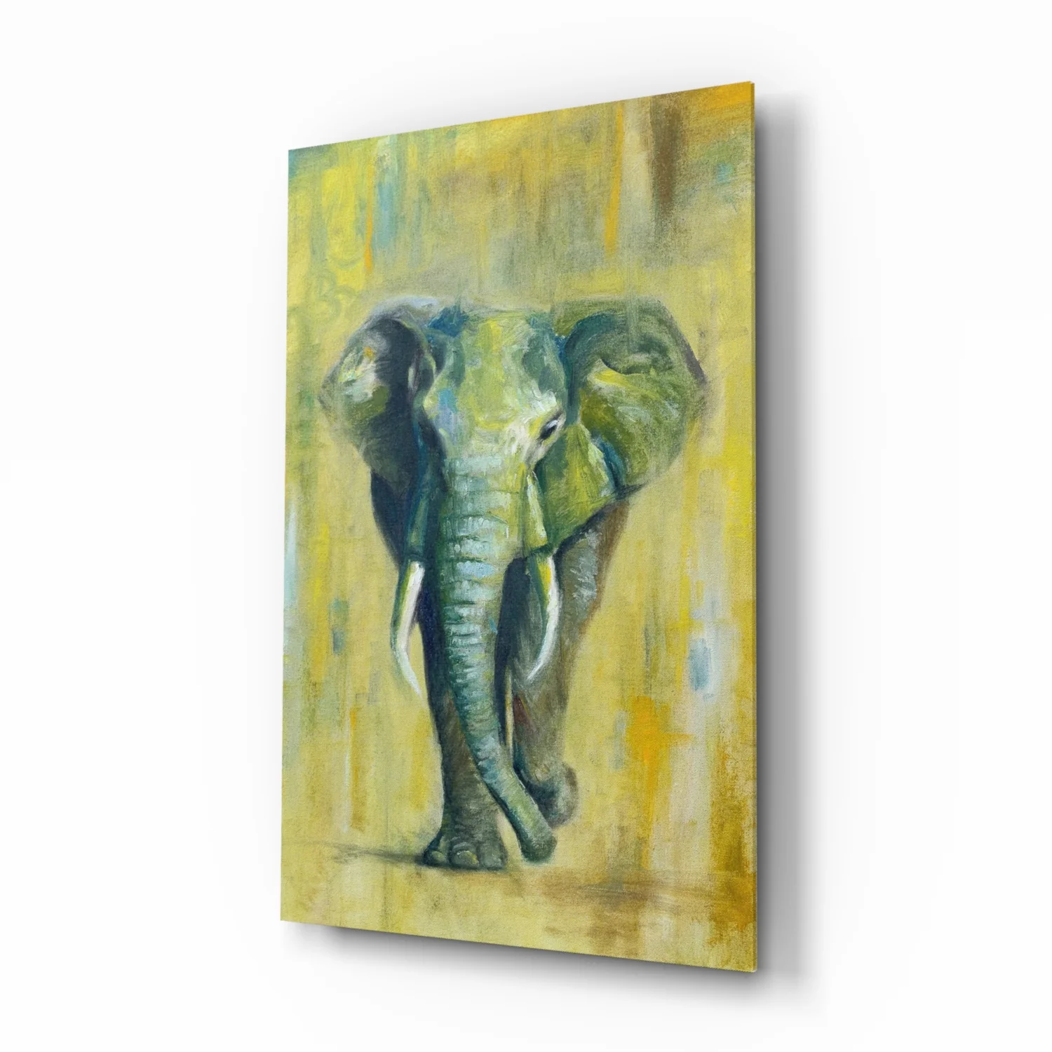 Green Oil Painting Walking Elephant Glass Wall Art - Image 2
