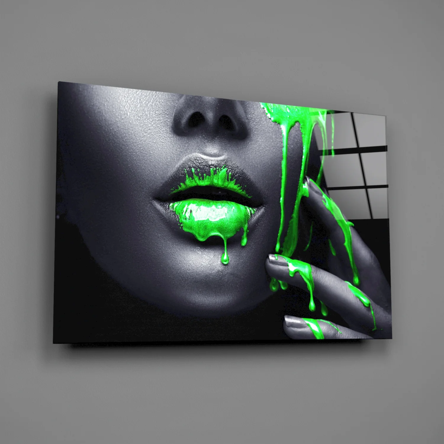 Green Paint Drip Lips Glass Wall Art - Image 2