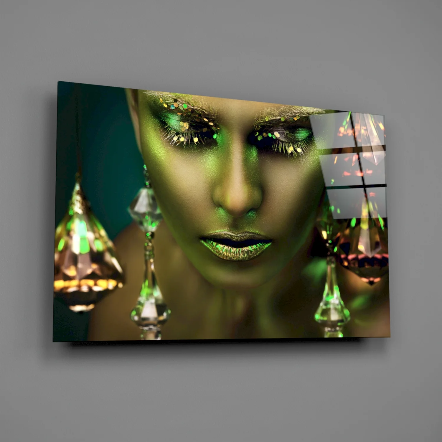 Green Skin Crystal Drops Woman Glass Wall Art - Image 2