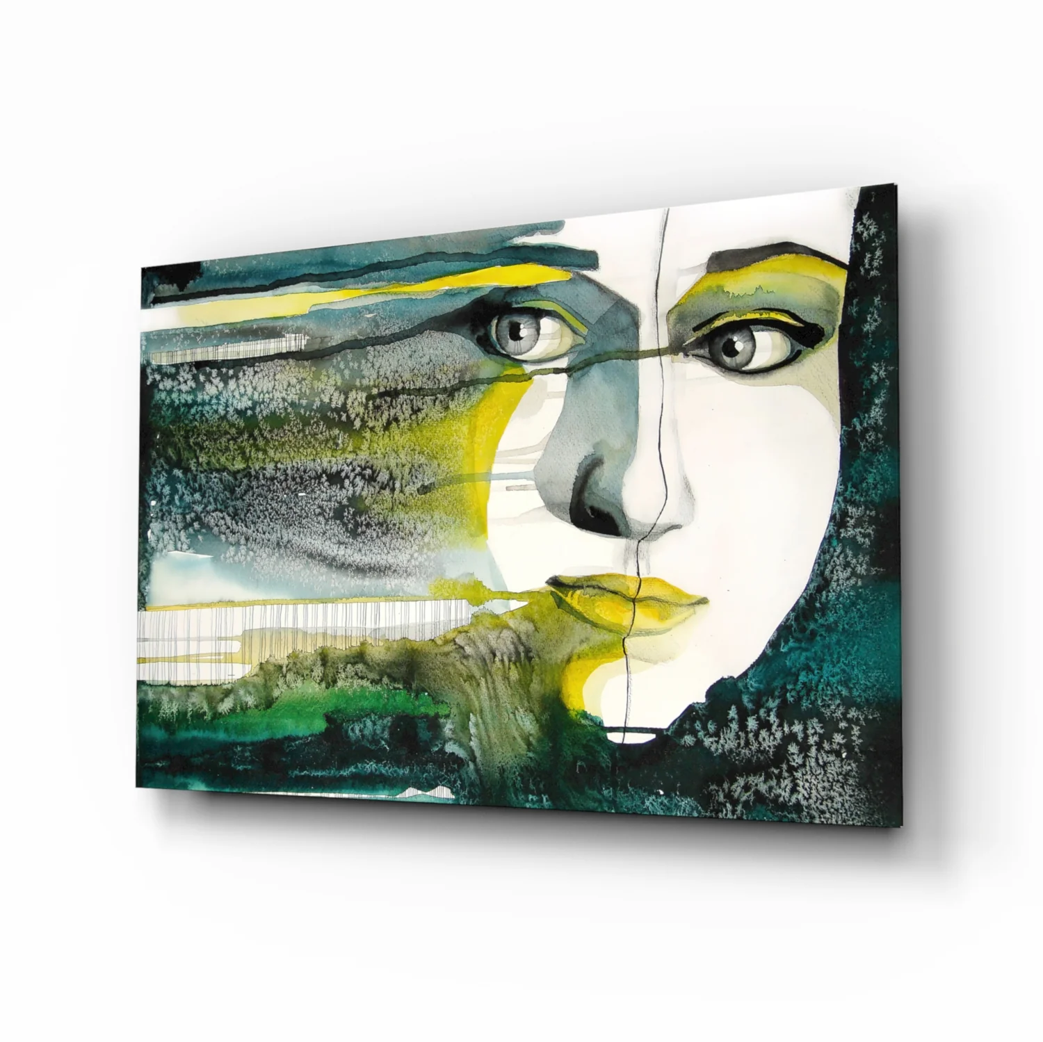 Green Watercolor Face Glass Wall Art - Image 2