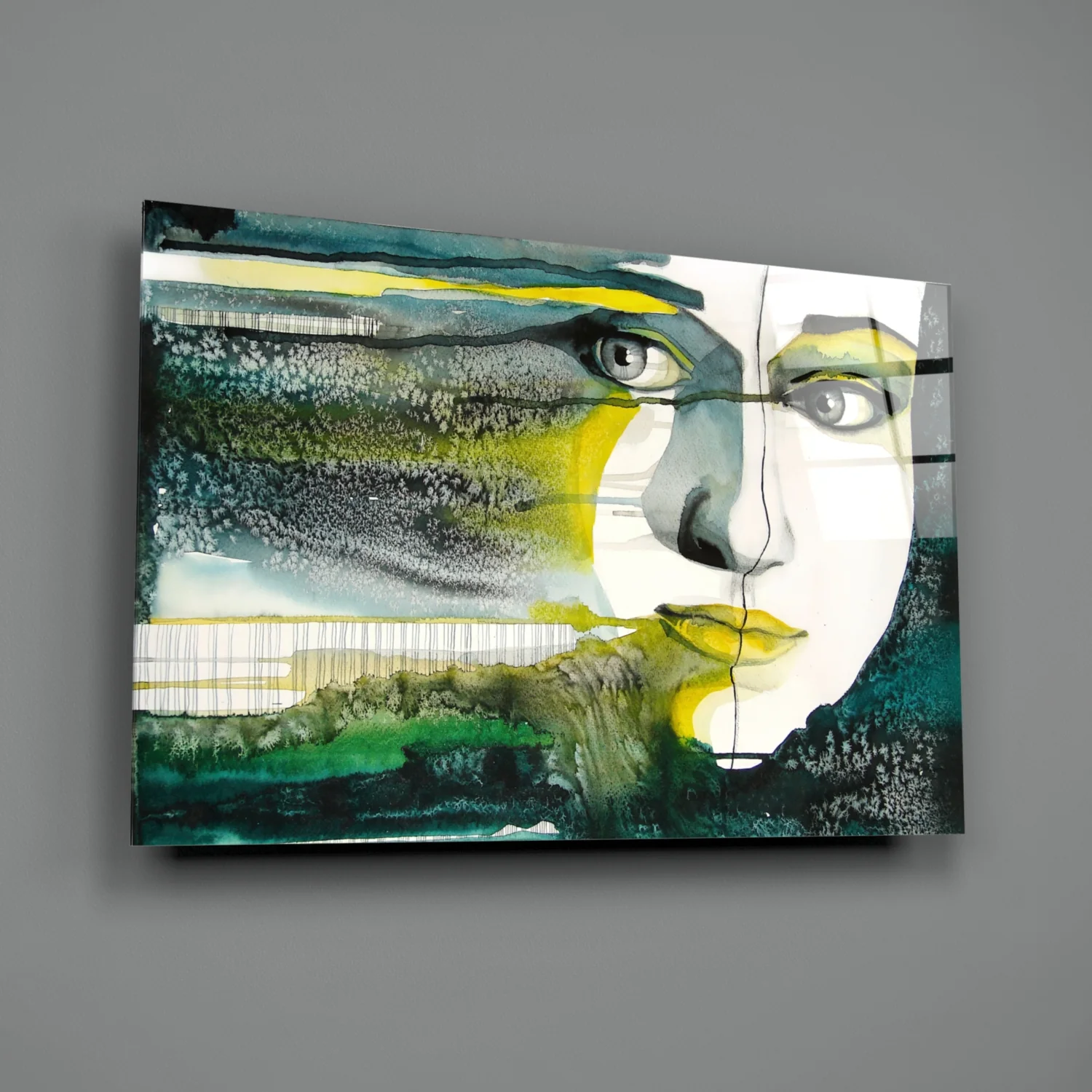 Green Watercolor Face Glass Wall Art - Image 3