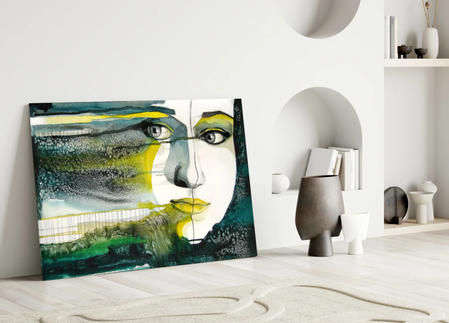 Green Watercolor Face Glass Wall Art - Image 4