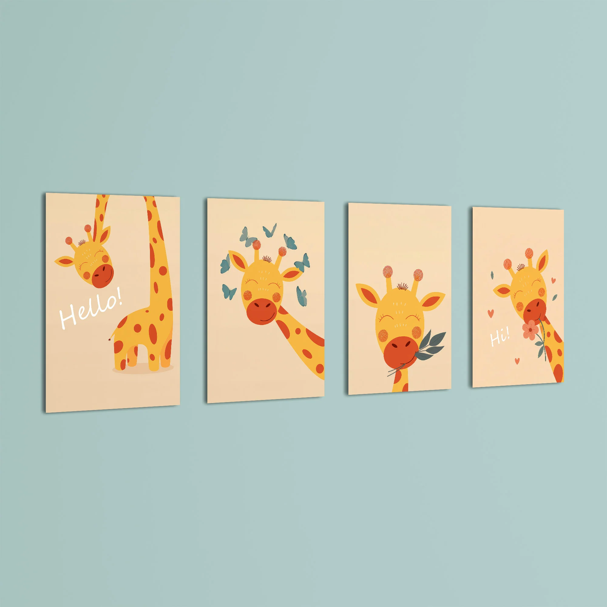 Happy Giraffe Hello Hi 4 Pieces Kids Metal Wall Art