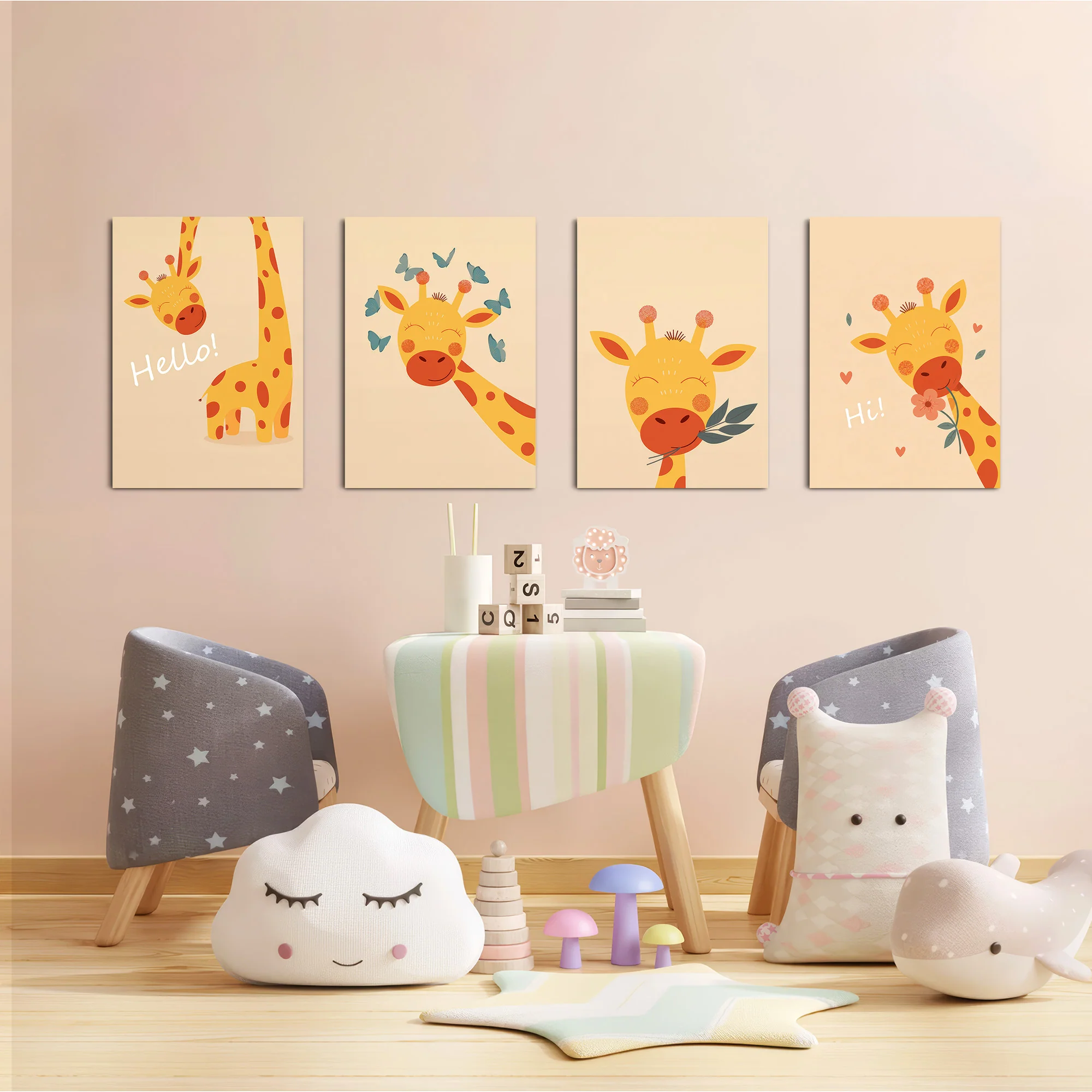 Happy Giraffe Hello Hi 4 Pieces Kids Metal Wall Art - Image 6
