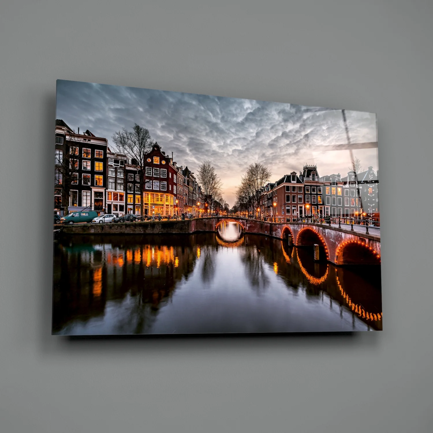 Illuminated Canal Bridge Dusk Glass Wall Art - Image 2