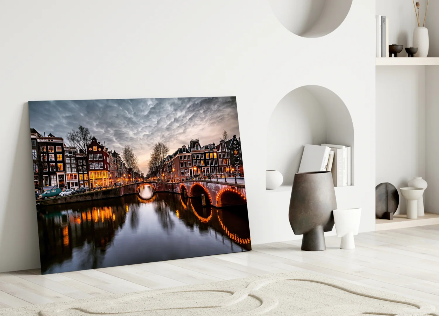 Illuminated Canal Bridge Dusk Glass Wall Art - Image 3