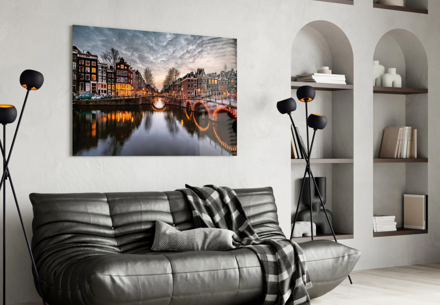Illuminated Canal Bridge Dusk Glass Wall Art - Image 4