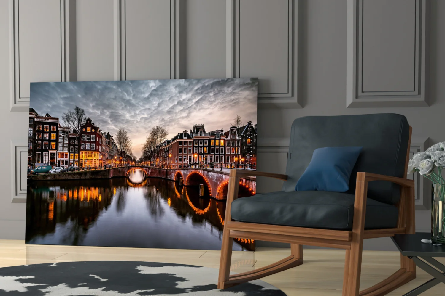 Illuminated Canal Bridge Dusk Glass Wall Art - Image 6