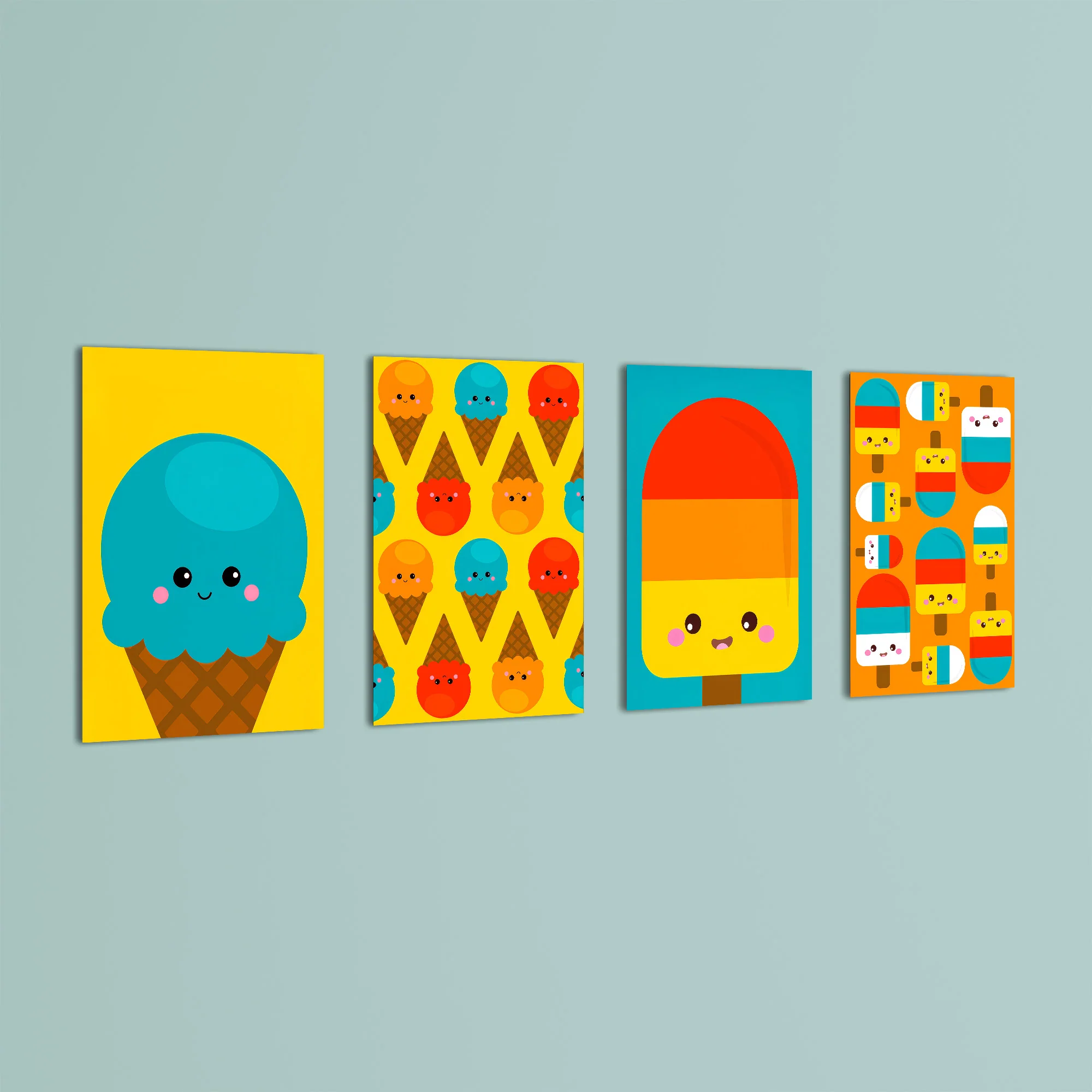 Kawaii Ice Cream Treats 4 Pieces Kids Metal Wall Art