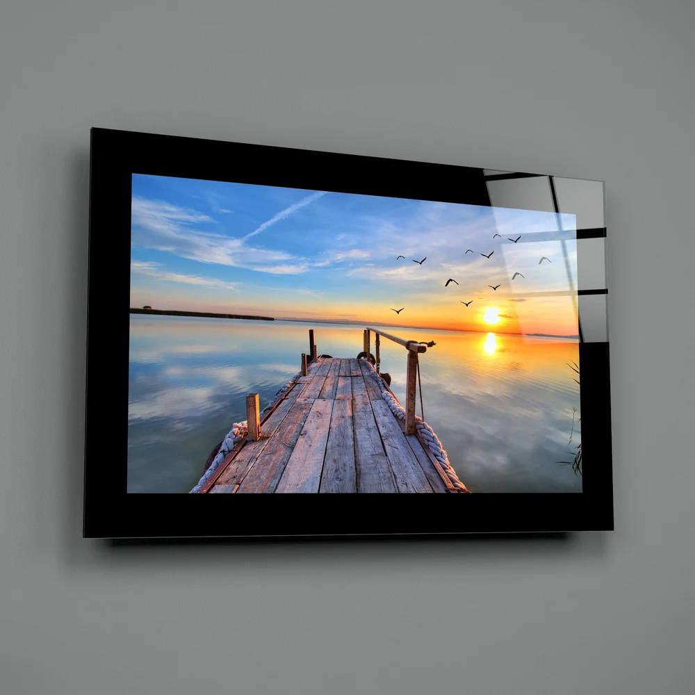 Lakeside Dock Flying Birds Glass Wall Art - Image 2