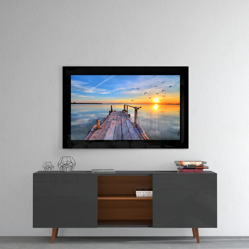 Lakeside Dock Flying Birds Glass Wall Art - Image 4