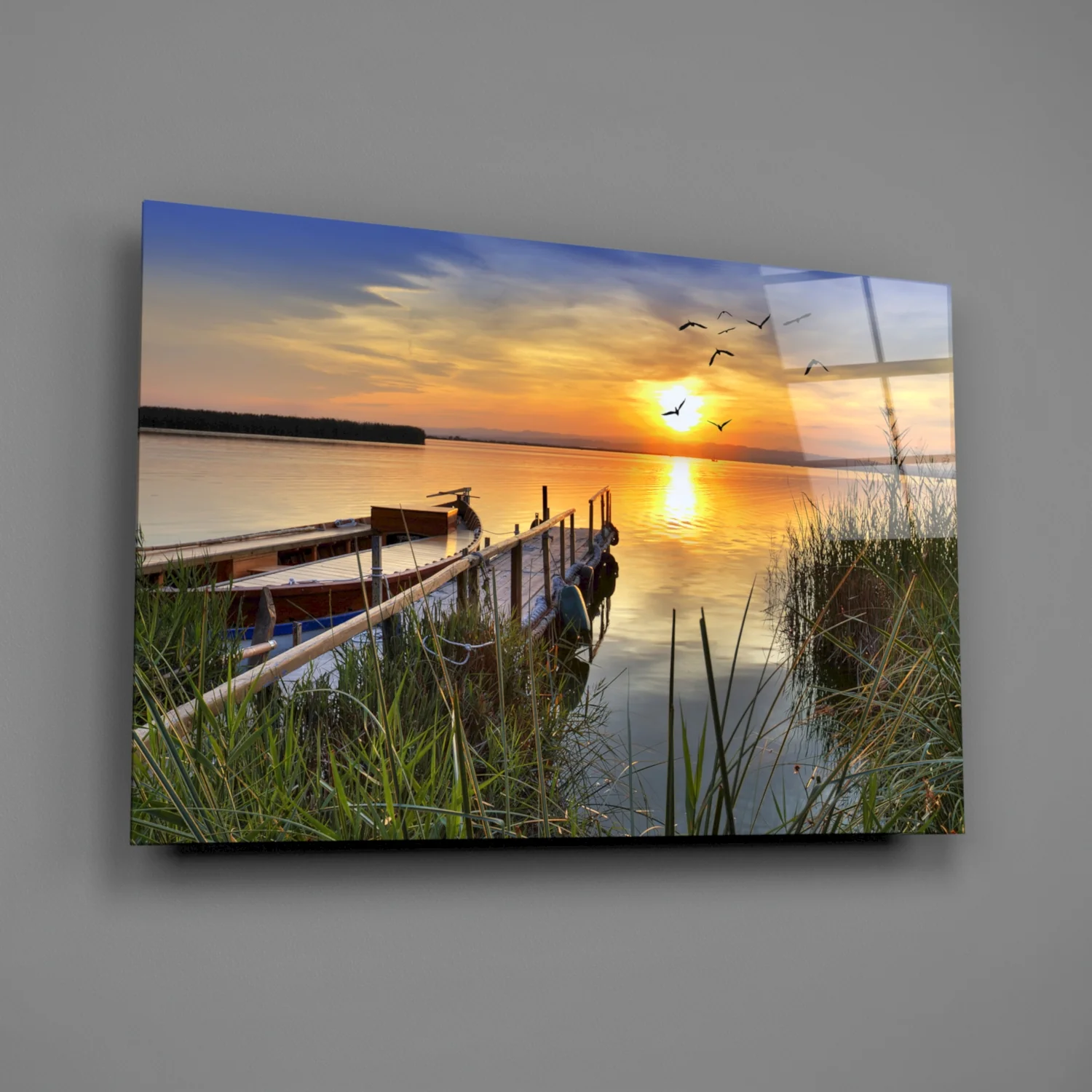 Lakeside Pier Boat Sunset Glass Wall Art - Image 2
