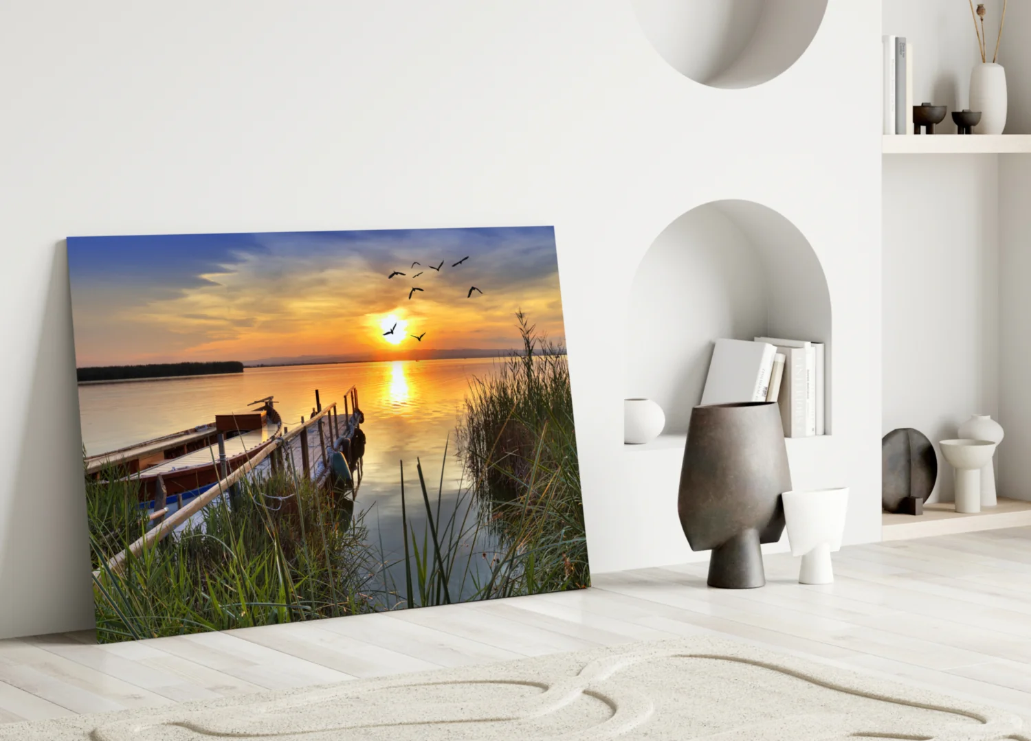 Lakeside Pier Boat Sunset Glass Wall Art - Image 3