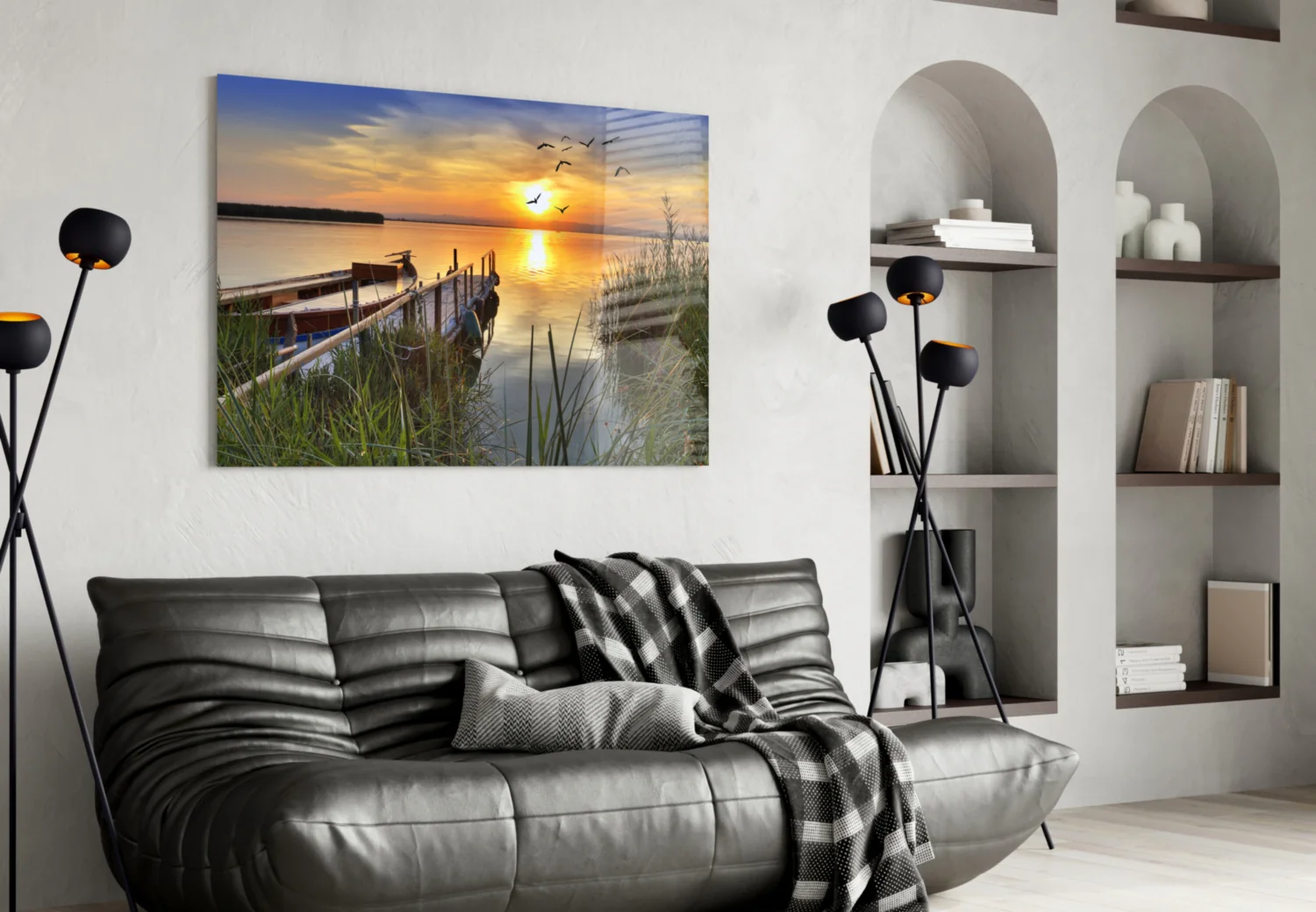 Lakeside Pier Boat Sunset Glass Wall Art - Image 4