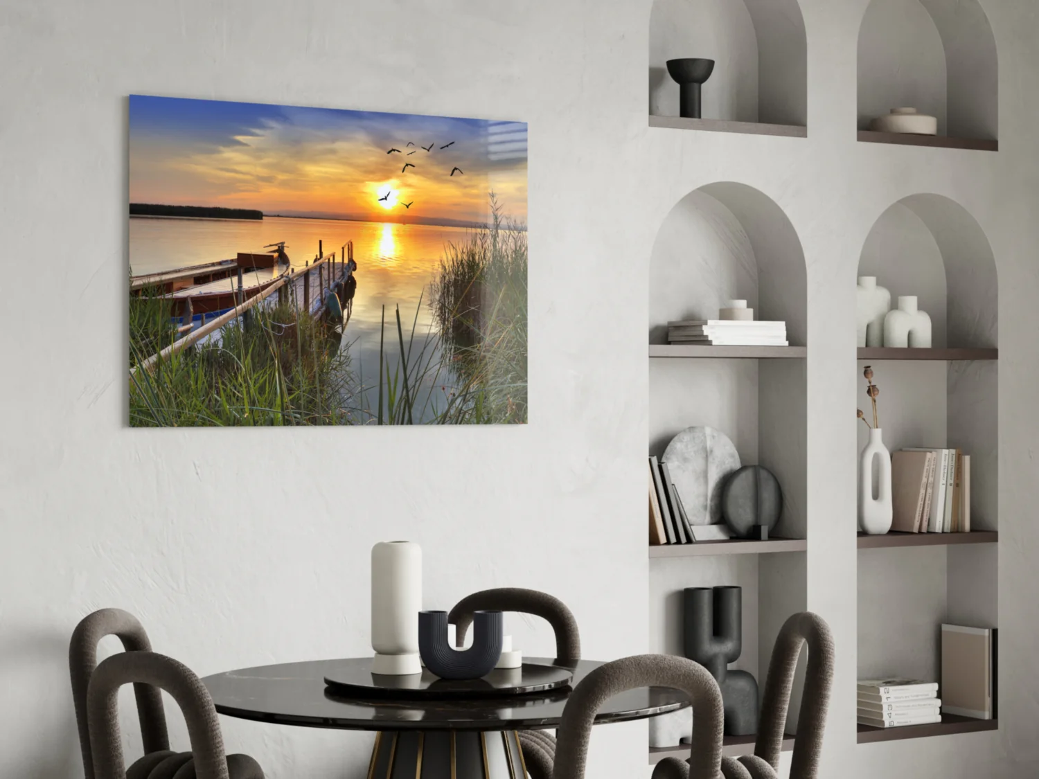 Lakeside Pier Boat Sunset Glass Wall Art - Image 5