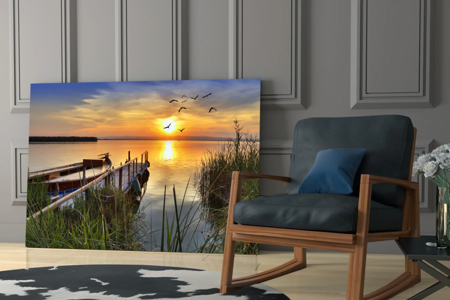 Lakeside Pier Boat Sunset Glass Wall Art - Image 6