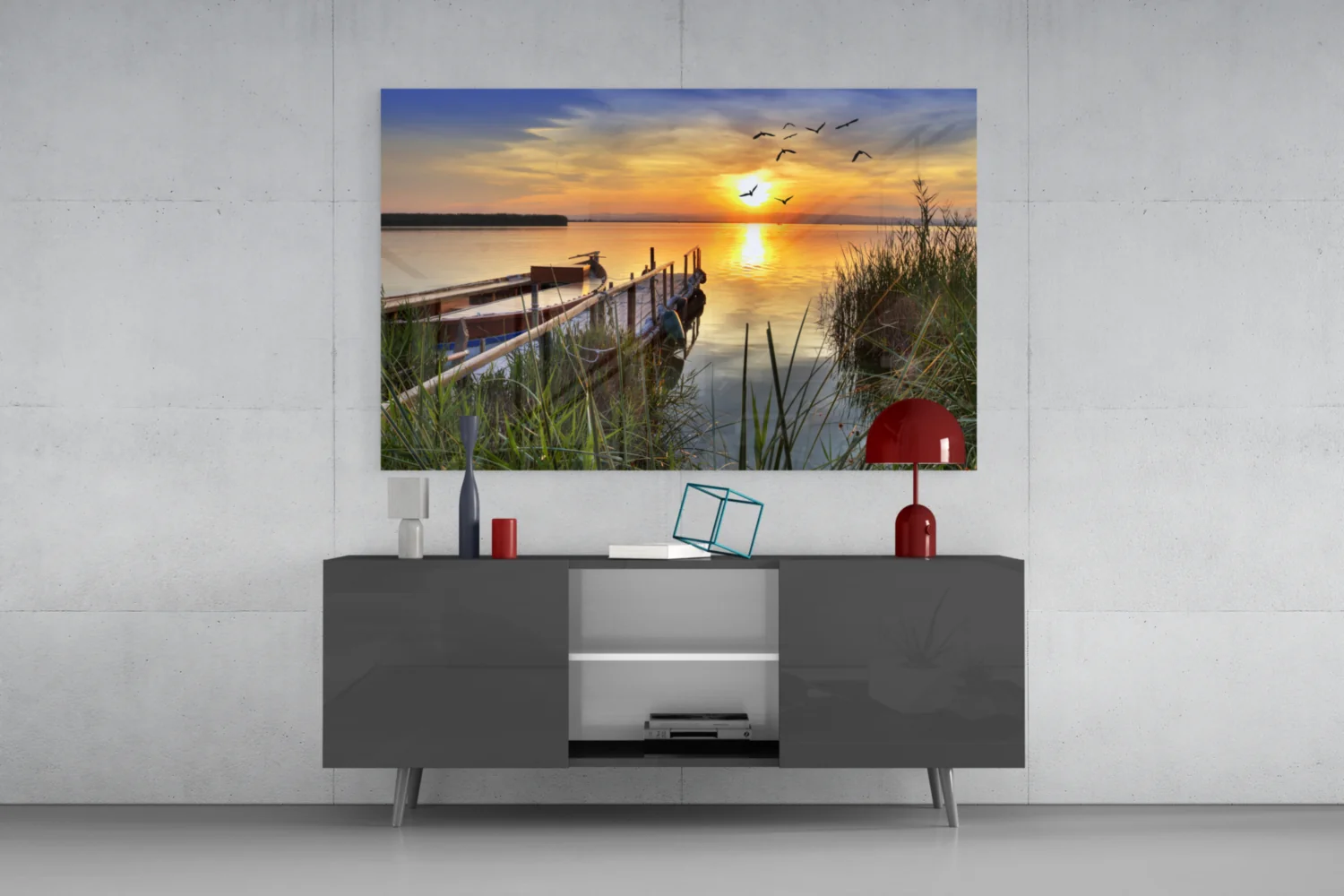 Lakeside Pier Boat Sunset Glass Wall Art - Image 8