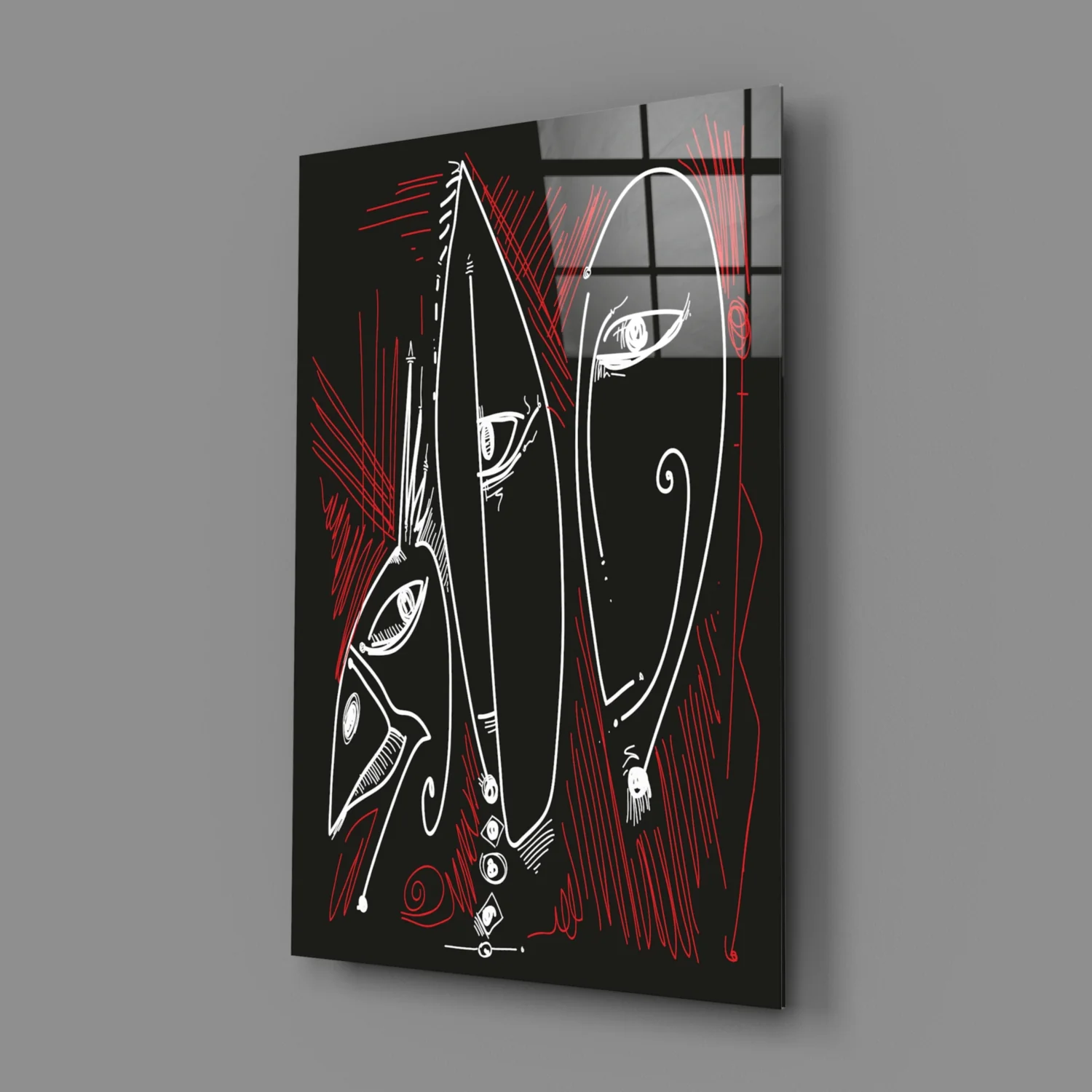 Line Art Faces Red Black Glass Wall Art - Image 2