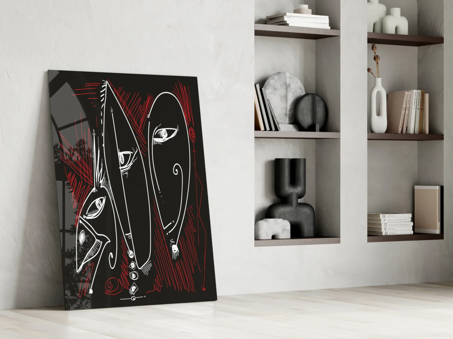 Line Art Faces Red Black Glass Wall Art - Image 6