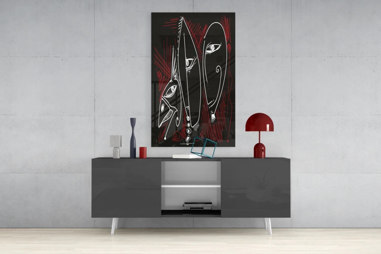 Line Art Faces Red Black Glass Wall Art - Image 8