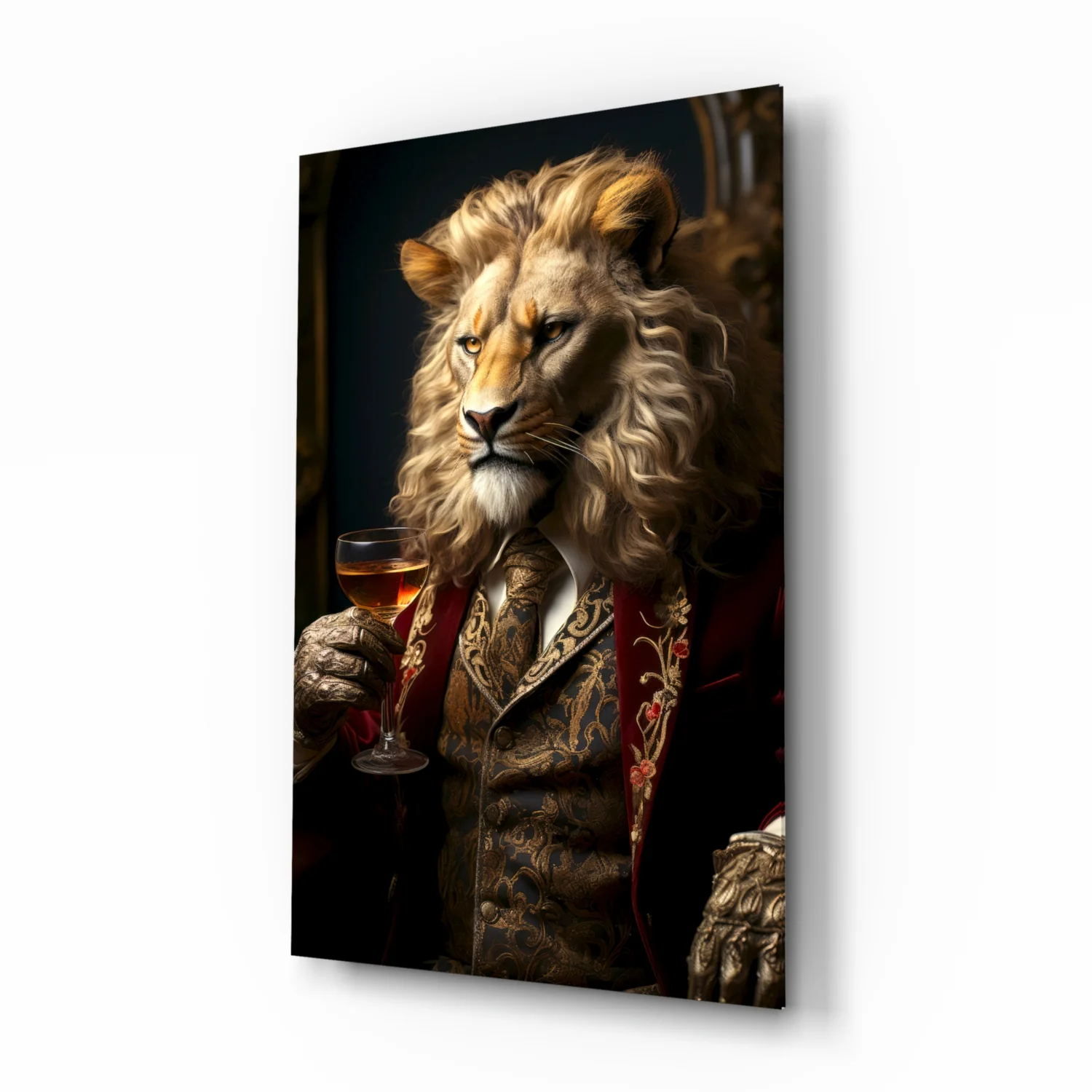 Lion in Crimson Military Coat Glass Wall Art - Image 2