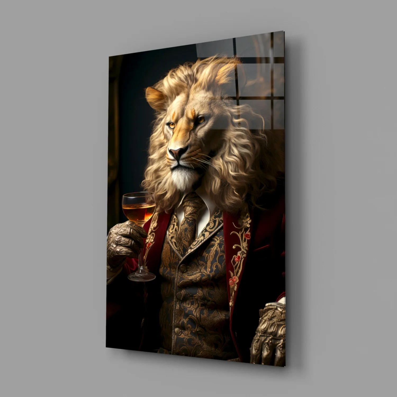Lion in Crimson Military Coat Glass Wall Art - Image 3