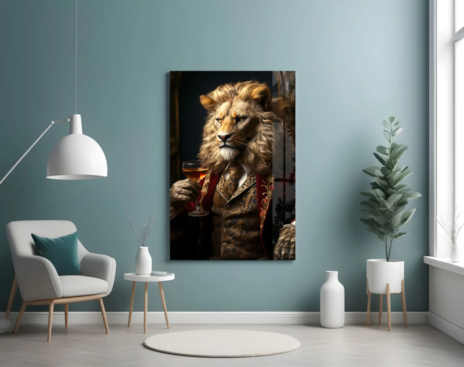 Lion in Crimson Military Coat Glass Wall Art - Image 5