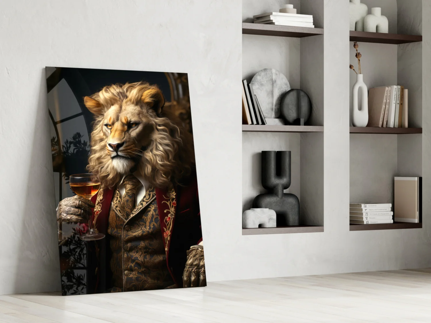 Lion in Crimson Military Coat Glass Wall Art - Image 7