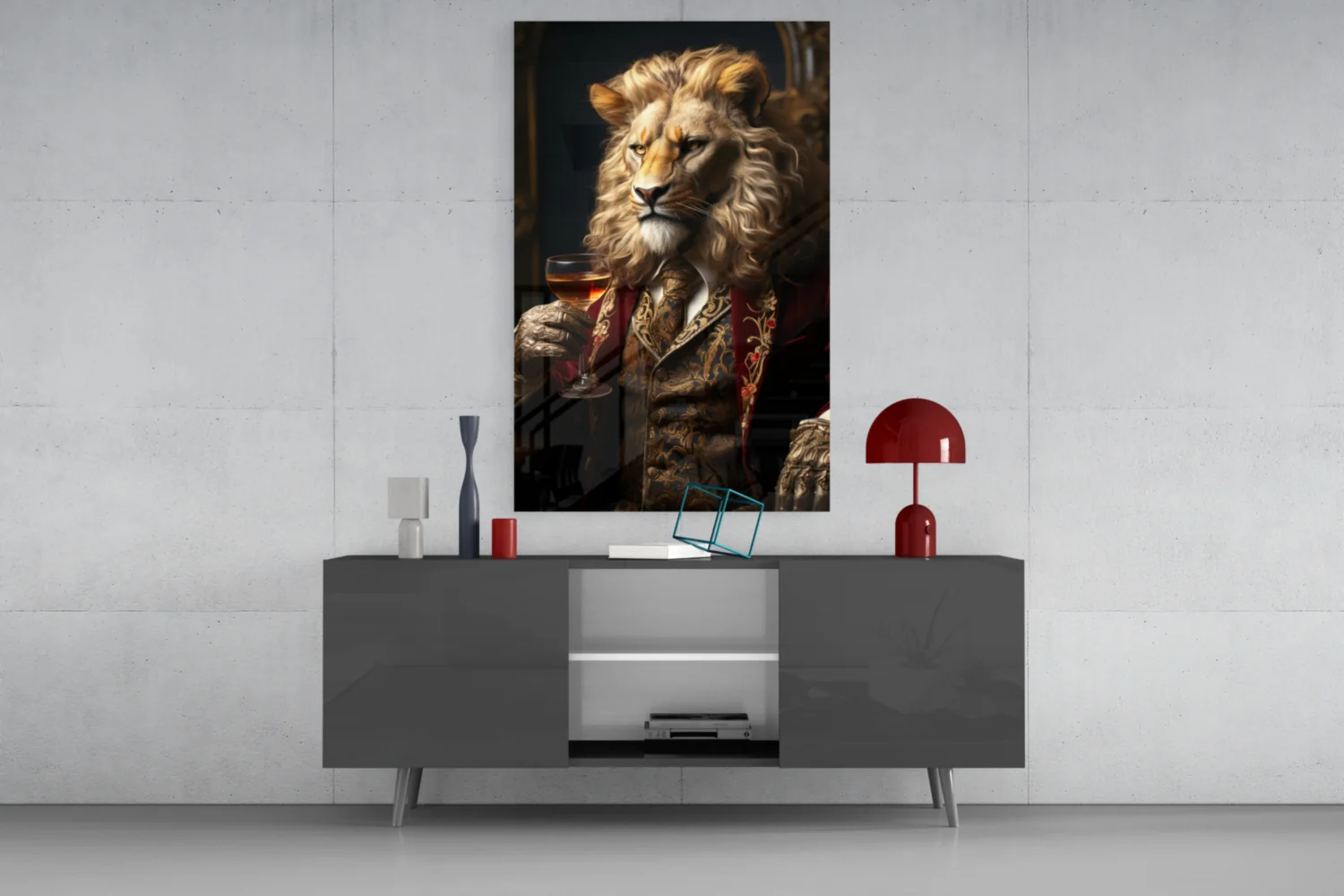Lion in Crimson Military Coat Glass Wall Art - Image 9