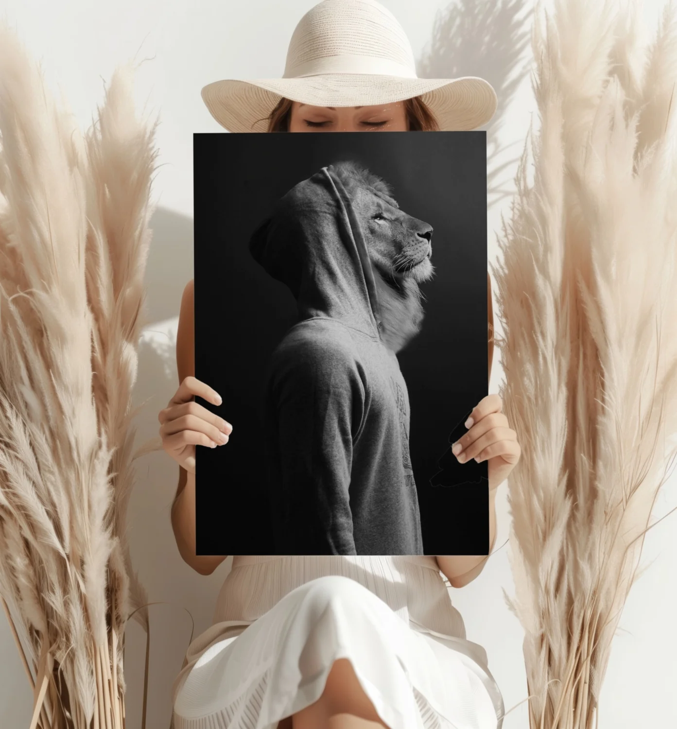 Lion in Hoodie Black White Aluminum Print - Image 4