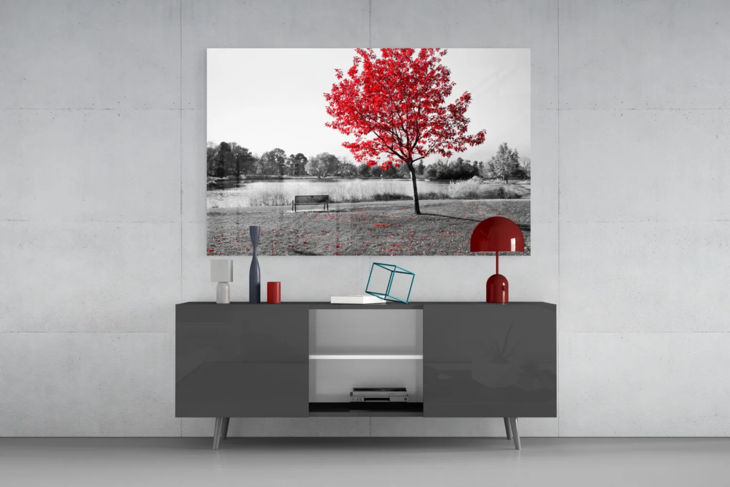 Lone Red Tree Bench Glass Wall Art - Image 9