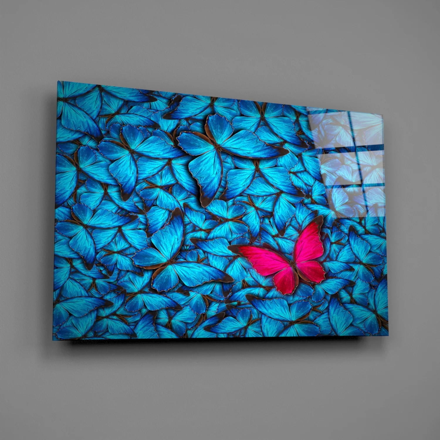 Magenta Butterfly Among Blue Glass Wall Art - Image 3