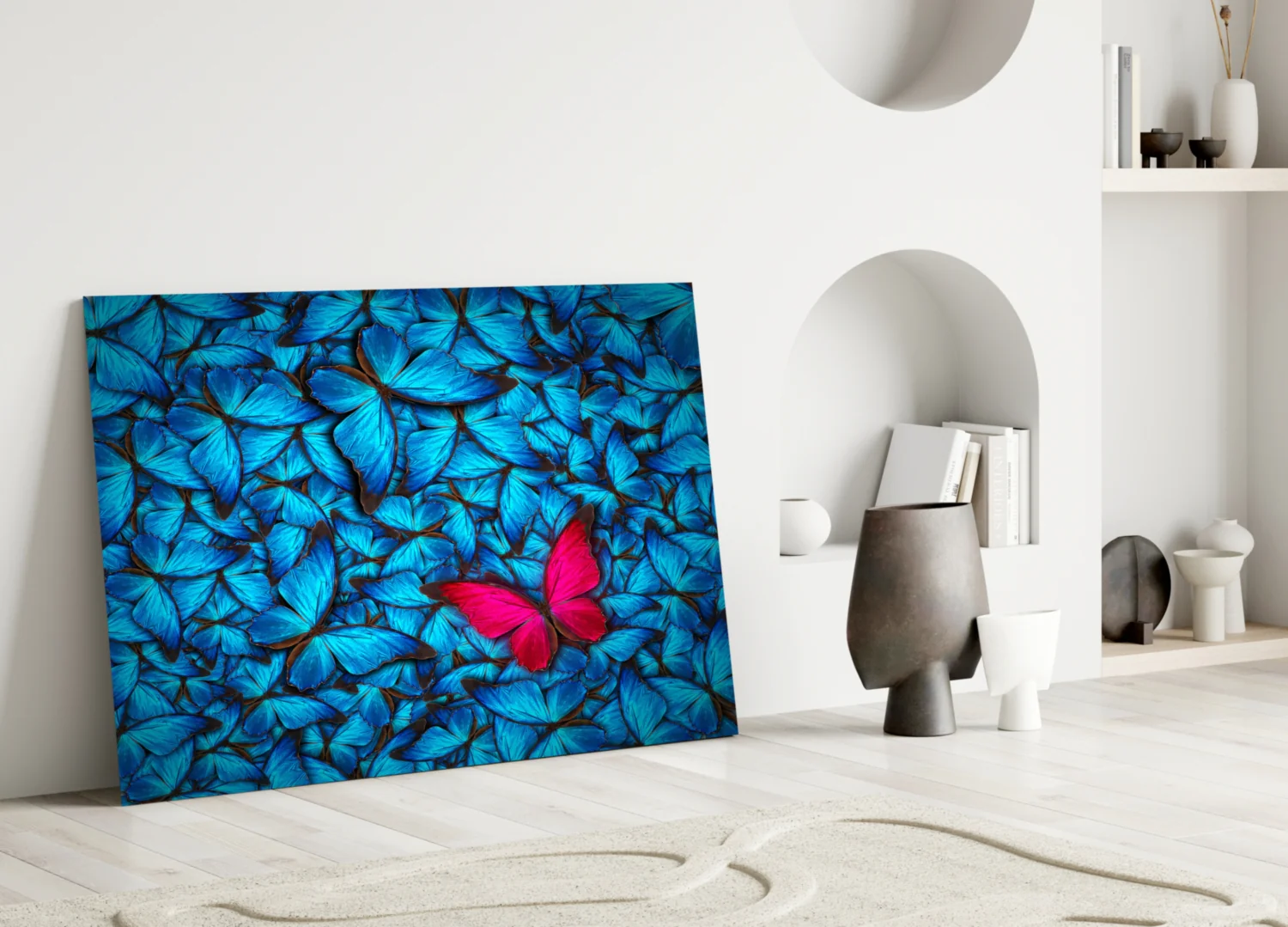 Magenta Butterfly Among Blue Glass Wall Art - Image 4