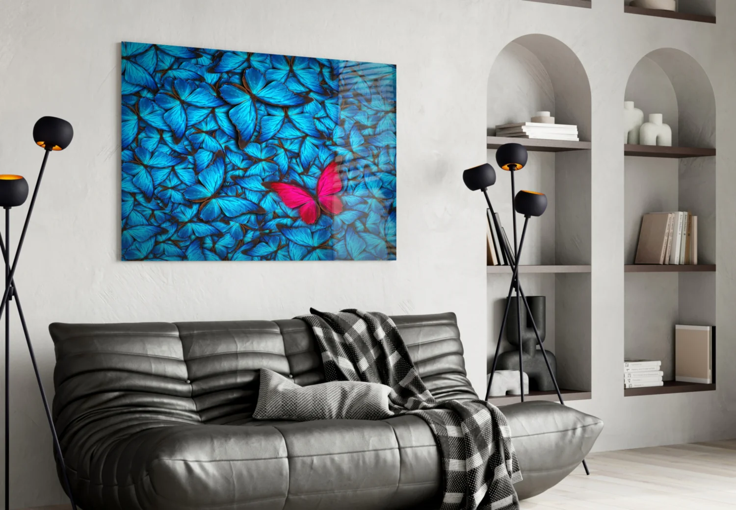 Magenta Butterfly Among Blue Glass Wall Art - Image 5