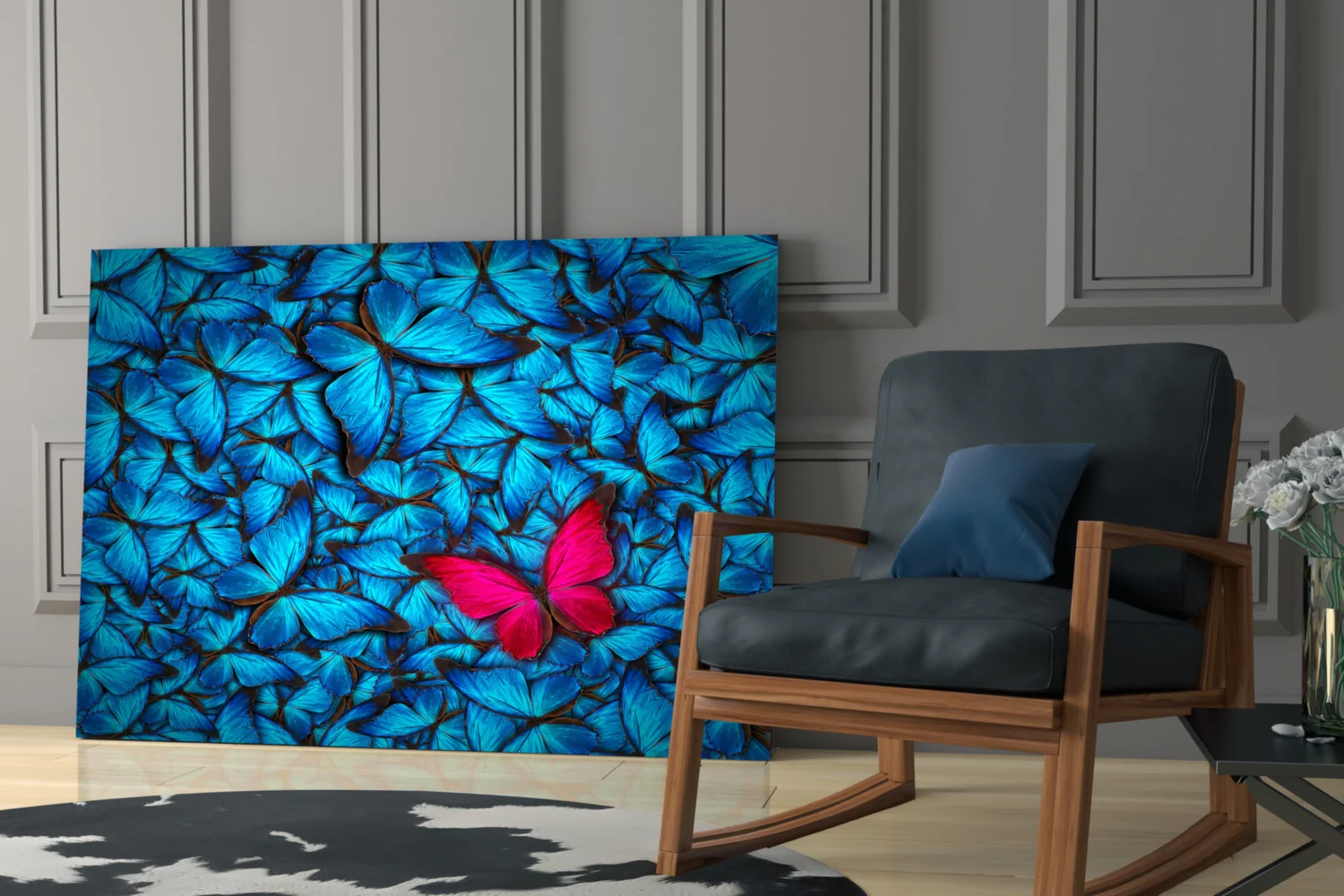 Magenta Butterfly Among Blue Glass Wall Art - Image 7