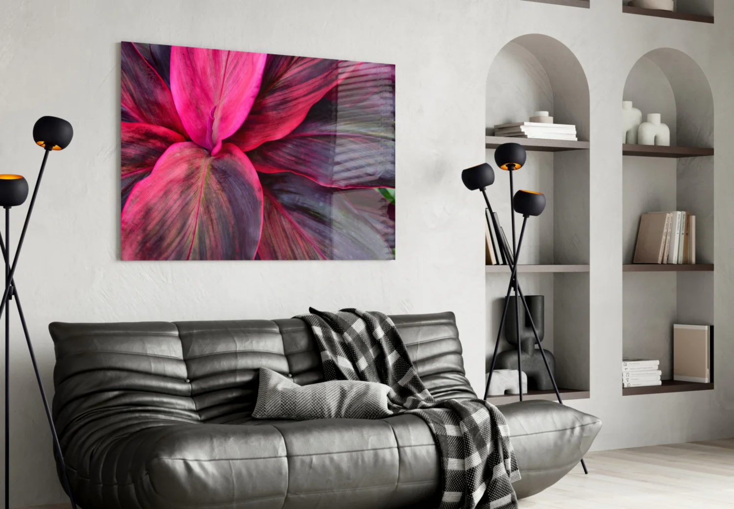Magenta Cordyline Leaves Glass Wall Art - Image 4